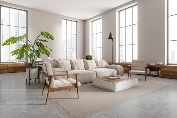 Weiße Wohnzimmereinrichtung Mit Sofa Sesseln Und Esstisch Mit Stühlen Seitenblick — Stockfoto