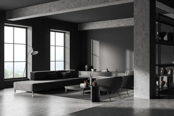 黑暗的冷藏室内部 沙发和扶手椅 侧视图 抽屉和咖啡桌装饰 地毯灰色混凝土地板 乡村的全景窗户 3D渲染 — 图库照片