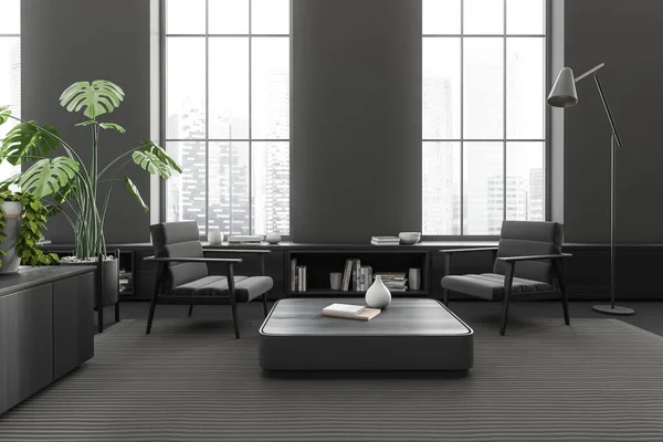 Dark living room interior with two armchairs, coffee table and shelf with decoration on carpet, grey concrete floor. Panoramic window on Singapore city view. 3D rendering