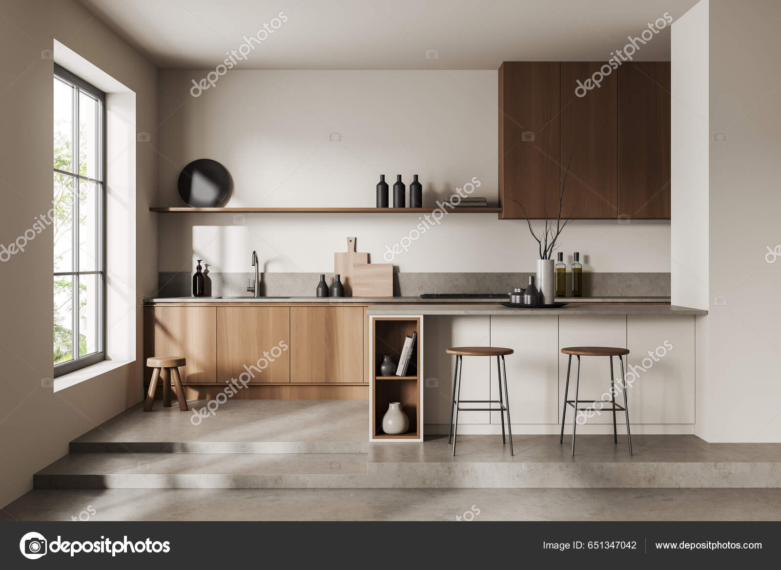 Beige Kitchen Interior Chairs Bar Island Podium Grey Concrete Floor