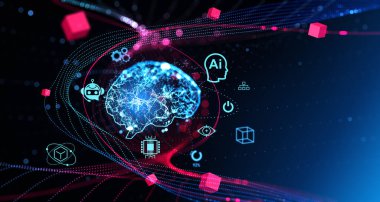 Yapay zeka beynine sahip dijital hologram ve robot simgeleri ve metaevreler, yapay zeka ve büyük veri depolanmış blok zinciri. Makine öğrenme ve teknoloji kavramı. 3B resimleme