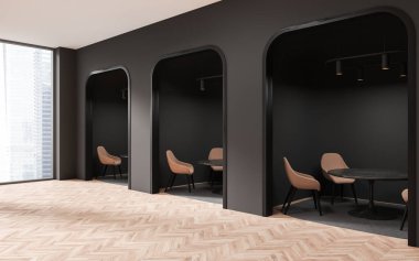 Bankanın köşesinde gri ve siyah duvarlar, ahşap zemin, yuvarlak masalar, kabinlerde bej sandalyeler ve şehir manzaralı büyük pencereler. 3d oluşturma