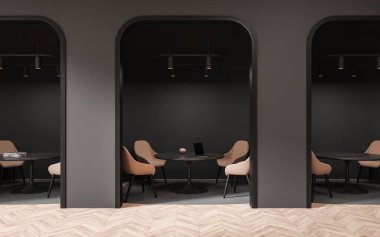 Masa, dizüstü bilgisayar, sandalyeler ve özel toplantı alanı olan karanlık bir ofis. Çalışma alanı, müşteri hizmetleri ve danışmanlık alanı banka, kemer duvarı ve ahşap zemin. 3B görüntüleme