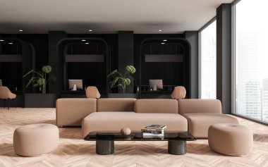 Modern ofis içi rahat bir yer ve kanepe, bilgisayar ve sandalyeli çalışma alanı, panoramik pencere. Açık uzay iş odası ve bekleme alanı. 3B görüntüleme