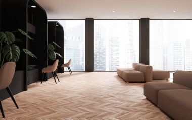 Modern ofis içi danışmanlık alanı ve sıralı sandalyeleri olan, panoramik pencerenin yanındaki kanepede oturma odası olan bir ofis. Açık uzay iş odası. 3B görüntüleme