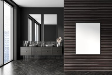 Karanlık ev banyosu, çift lavabo, ahşap dolap, aksesuarlar, siyah ahşap döşeme. Gökdelenlerin panoramik penceresi. Bölümdeki tuval posterini taklit et. 3B görüntüleme