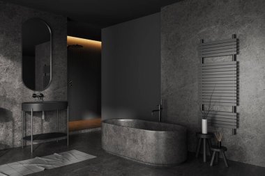 Karanlık otel banyosunun içinde banyo küveti ve köşede duş, gri beton zemin manzaralı. Oval ayna ve minimalist dekorasyonla lavabo, boş duvar gibi. 3B görüntüleme