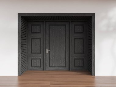 Ahşap zeminli beyaz duvarlı siyah ahşap kapı manzarası. Ön kapı ve giriş kavramı. 3d oluşturma
