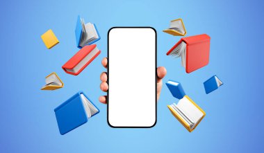 Elinde boş bir telefon, boş bir ekran ve mavi arka planda renkli kitaplar var. Çevrimiçi eğitim kavramı, dijital kütüphane ve mobil uygulama