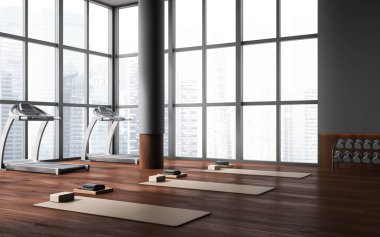 Gri duvarları, koyu ahşap zemini, koşu bantları ve bej yoga minderleri olan şık spor salonunun köşesi. Spor anlayışı ve aktif yaşam tarzı. 3d oluşturma