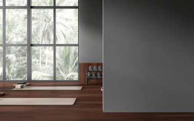 Ahşap döşemeli, tuğlalı ve halterli koyu renk ahşap beden eğitimi dersi. Spor salonu ve tropik bölgelerde panoramik pencere. Model boş duvar. 3B görüntüleme
