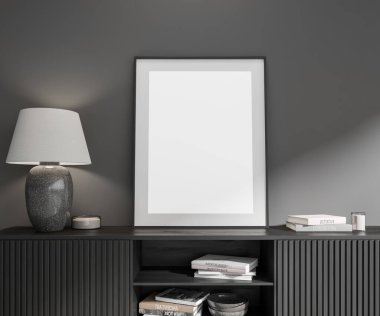 Karanlık oturma odasının içinde çekmeceler, şık sanat dekorasyonları, kütüphane ve lambalar, minimalist İskandinav tasarımı. Tuvalin posterini hazırla. 3B görüntüleme