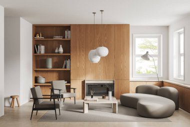 Kanepe ve koltuklu modern oturma odası, dekorasyonlu raf, kitaplı kahve masası, bej beton zeminde halı. Stüdyo dairede sakin bir yer. 3B görüntüleme