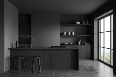 Minimalist ev mutfağı, ahşap bar adası, iki tabure ve mutfak gereçleri. Kırsal kesimde panoramik penceresi olan modern yemek ve yemek alanı. 3B görüntüleme