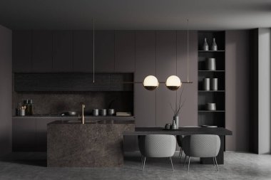 Gri duvarları, beton zemini, koyu gri dolapları ve lavabo ve gri koltukları olan bir ada. 3d oluşturma