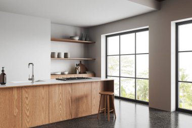 Modern mutfağın köşesinde beyaz duvarlar, taş zemin, lavabo, fırın ve bulaşık raflarıyla inşa edilmiş ahşap ada. 3d oluşturma