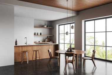 Modern mutfağın köşesinde beyaz duvarlar, taş zemin, lavabo, fırın ve bulaşık raflarıyla inşa edilmiş ahşap ada. Sandalyeli yuvarlak yemek masası. 3d oluşturma