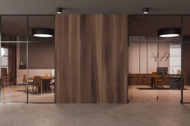Bilgisayarlı toplantı ve yönetici işyeriyle modern ofis içi. Boş fotokopi odası ahşap duvar, şirket salonu ve cam kapılar ardında farklı odalar. 3B görüntüleme