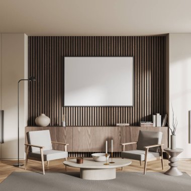 Modern oturma odasının içinde iki koltuk ve süslemeli büfe ve ahşap döşemeli halı var. İskandinav gevşeme yeri ve sahte tuval posteri. 3B görüntüleme
