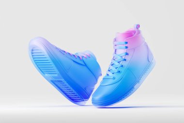 Açık gri arkaplan üzerinde şık mavi ve pembe spor ayakkabıları görünümü. Spor anlayışı ve aktif yaşam tarzı. 3d oluşturma