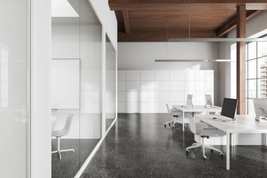 Beyaz duvarları, beton zemini ve beyaz bilgisayar masaları ve sandalyeleri olan açık alanı olan modern ofis binası. 3d oluşturma
