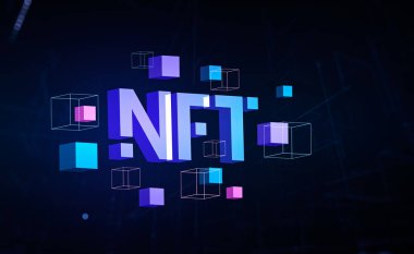 Şifreli bilgi alanlarının dijital hologramı, NFT ve yüzen veri blokları. Sanal sanat kavramı. 3B görüntüleme