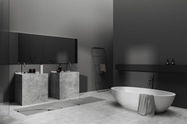 Çift lavabo, küvet, yan görüş, gri beton zemin. Aksesuarlı minimalist yıkama alanı. Kopya uzay duvarı. 3B görüntüleme