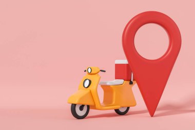 Pembe arka planı olan sarı scooter, büyük bir coğrafi etiket. Teslimat ve izleme kavramı. Uzayı kopyala 3B görüntüleme