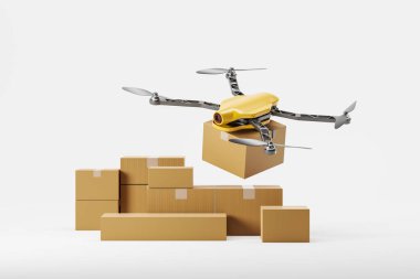 Işık arka planında karton kutusuyla uçan sarı akıllı dron. Karton kutulu otonom robot, siparişler. Fotokopi alanı. 3B görüntüleme
