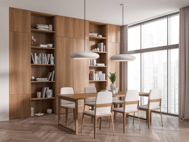 Bej oturma odası içinde sandalyeler ve yemek masası, yan manzara, kitaplarla dolu raf ve ahşap zemin süslemeleri. Şehir manzarasında panoramik pencere. 3B görüntüleme