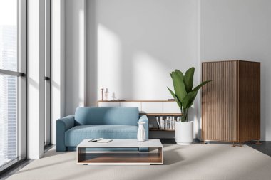 Parlak oturma odasının önü kahve masası ve kanepe, panoramik pencere, beyaz duvar, kitaplık, vazo, kitap, beton zemin, halı. Minimalist tasarım kavramı. 3d oluşturma