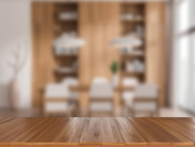 Parlak oturma odasının önü, reklam için iyi bir görüntü, sandalyeli yemek masası, kitaplı kitap rafı, meşe ağacından ahşap zemin. Minimalist tasarım kavramı. 3d oluşturma