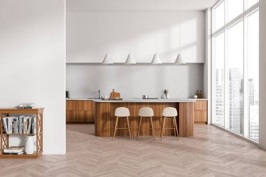 Beyaz mutfak içi, bar sandalyeleri ve tezgahı, ahşap zemin. Mutfak eşyaları ve sanat dekorasyonlu raflar. Şehir manzaralı panoramik pencereli yemek köşesi. 3B görüntüleme