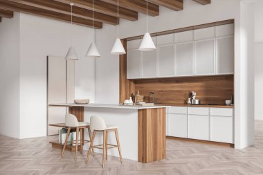 Beyaz mutfak içinde bar sandalyeleri ve ada, yan manzara, ahşap döşeme. Mutfak gereçleri, raflarda sanat süslemeleri. 3B görüntüleme