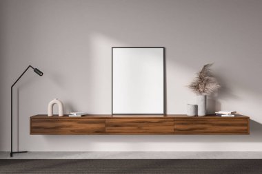 Beyaz oturma odası içinde yüzen raf ve sanat dekorasyonu, ön manzara, gri beton zeminde halı. Tuvalin posterini hazırla. 3B görüntüleme