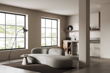 Oturma odası, kanepe ve koltuklu bar adasıyla bej bir mutfak. Otel açık uzay stüdyosu, yemek ve dinlenme alanı, yan görüş. Tropik bölgelerde panoramik pencere. 3B görüntüleme