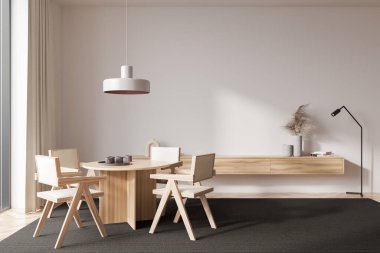 Parlak oturma odasının önü masa, koltuklar, boş beyaz duvar, kitaplar, büfe, halı, meşe ağacından ahşap zemin, lamba. Minimalist tasarım kavramı. 3d oluşturma