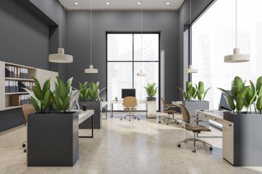 Parlak ofis içi, Singapur manzaralı panoramik pencereler, koltuklu masalar, masalar, klasörlü raflar, beton zemin. Çalışma sürecinin konsepti. 3d oluşturma