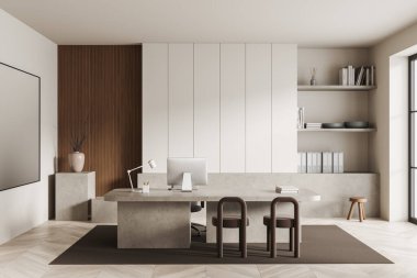 Bilgisayarlı bej rengi danışma odası, sandalyeler ve raflı dokümanlar ve dekorasyon, ahşap zeminde pencere ve halı. Tuvalin maketi posteri. 3B görüntüleme