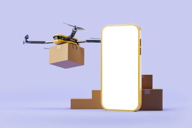 Karton kutulu helikopter dronu, mor arka planda büyük telefon boş model ekran. Çevrimiçi izleme ve paket kavramı. 3B görüntüleme