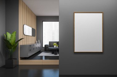 Oturma odasının içinde kanepe, podyumda büfe Singapur şehir manzarasında panoramik pencere, koyu beton zemin. Tuvalin posterini hazırla. 3B görüntüleme