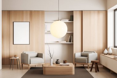 Ahşap oturma odası. İki koltuk ve kahve masası. Sanat dekorasyonu, raf ve çekmece, bej beton zeminde halı. Tuvalin posterini hazırla. 3B görüntüleme