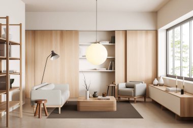 Kanepe, koltuk, raf ve dekorasyonlu kahve masası bej beton döşemeli bej oturma odası. Kırsal kesimde panoramik pencere. 3B görüntüleme