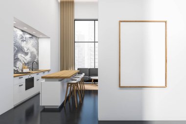 Beyaz stüdyo içi bar adası ve sandalyeler, halı üzerinde kanepe, koyu beton zemin. Singapur şehir manzarasında panoramik pencere. Model poster. 3B görüntüleme