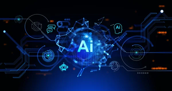Futuristiska Uppslukande Artificiell Intelligens Gränssnitt Över Mörkblå Bakgrund Begreppet Maskininlärning — Stockfoto