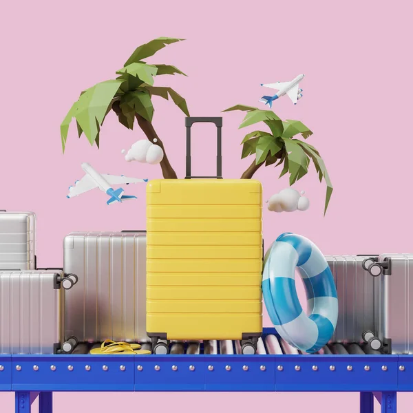 明亮的黄色行李箱矗立在机场行李带灰色行李箱中 周围有棕榈树和飞机 旅行和度假的概念 3D渲染 — 图库照片
