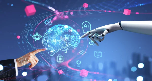 Ruce Nepoznatelného Obchodníka Robota Kteří Používají Ponorné Rozhraní Umělé Inteligence — Stock fotografie