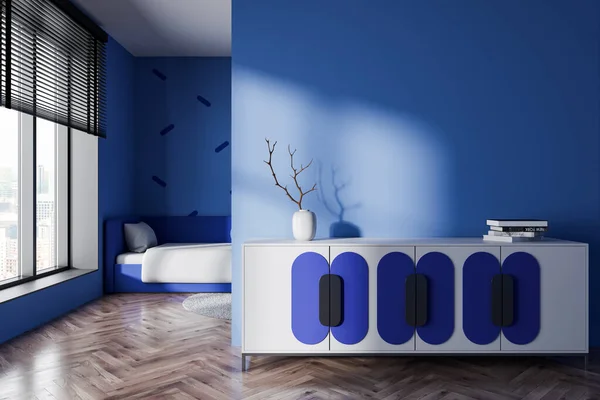 Gezellig Blauw Baby Slaapkamer Interieur Met Bed Hoek Panoramisch Raam — Stockfoto