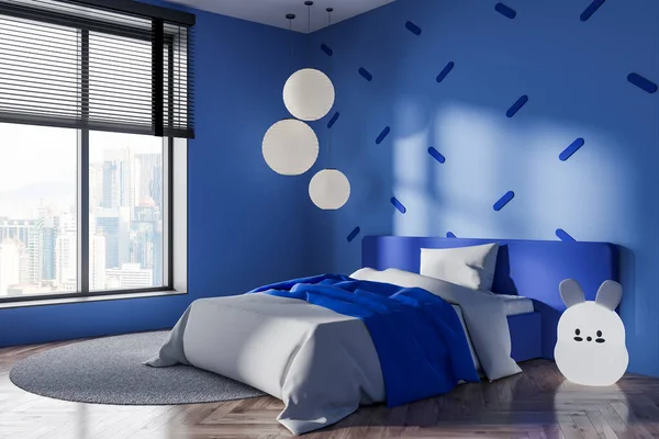 Dark blue baby bedroom interior with bed and lamp, carpet on hardwood floor. Sleeping corner side view and panoramic window on Kuala Lumpur. 3D rendering
