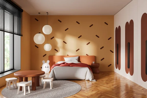 Interior Modern Child Bedroom Orange Walls Wooden Floor Comfortable Orange — Stock Photo, Image